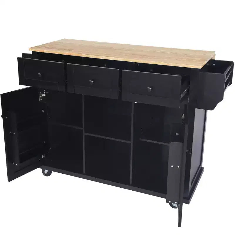 Kitchen Island With Storage Cabinet & 3 Drawers, Drop-Leaf Countertop, Rolling Cart With Locking Casters, Black