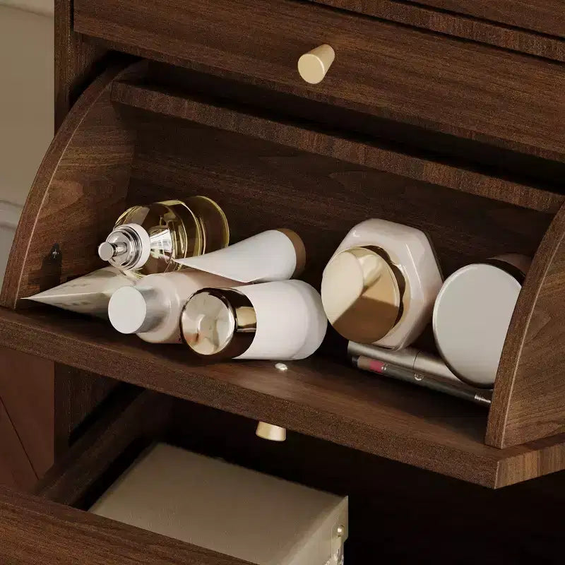 Walnut Rolling Vanity Dresser with LED Mirror and Multi-Layer Storage