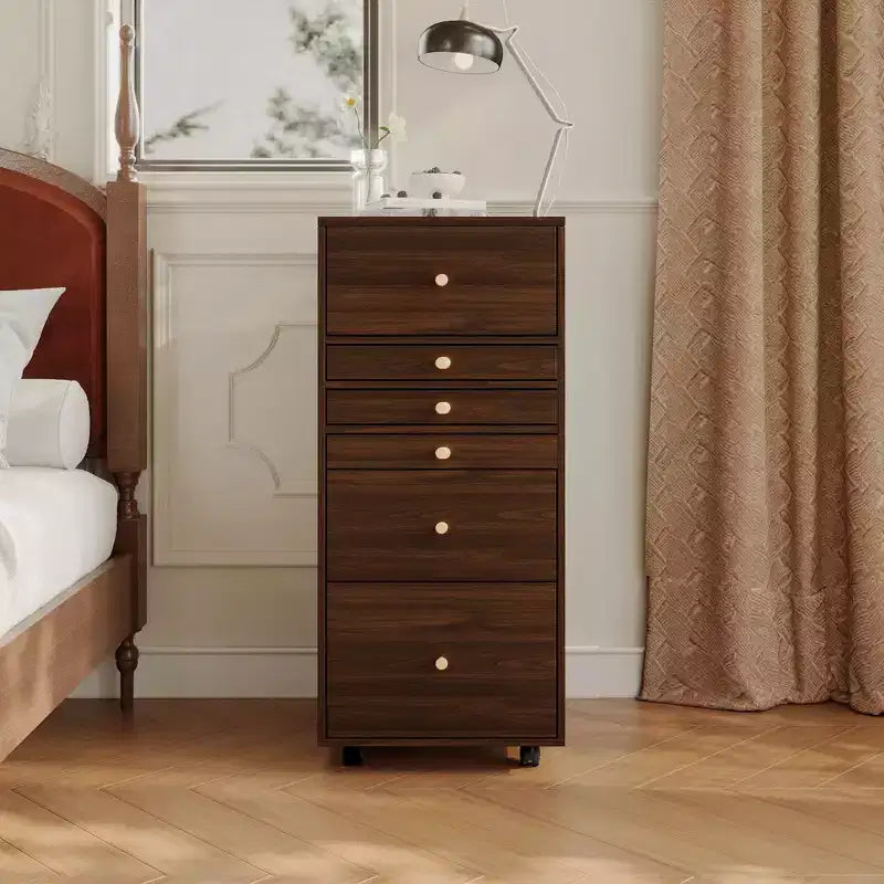 Walnut Rolling Vanity Dresser with LED Mirror and Multi-Layer Storage