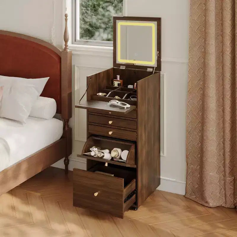 Walnut Rolling Vanity Dresser with LED Mirror and Multi-Layer Storage