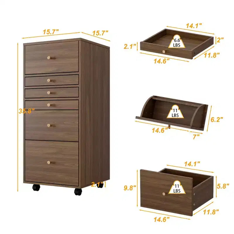 Walnut Rolling Vanity Dresser with LED Mirror and Multi-Layer Storage