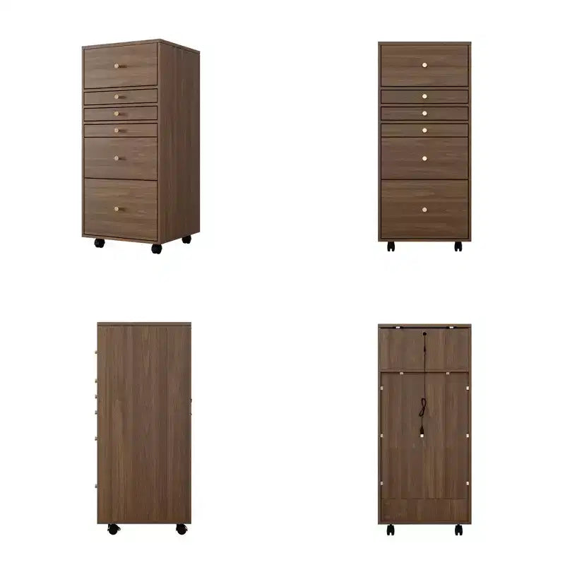 Walnut Rolling Vanity Dresser with LED Mirror and Multi-Layer Storage