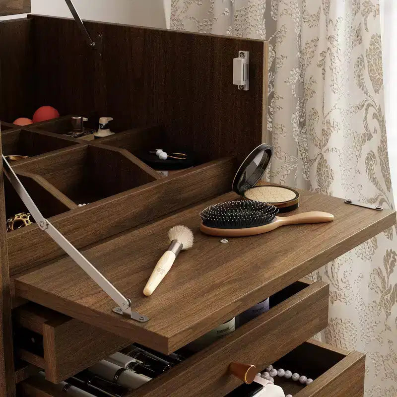 Walnut Rolling Vanity Dresser with LED Mirror and Multi-Layer Storage