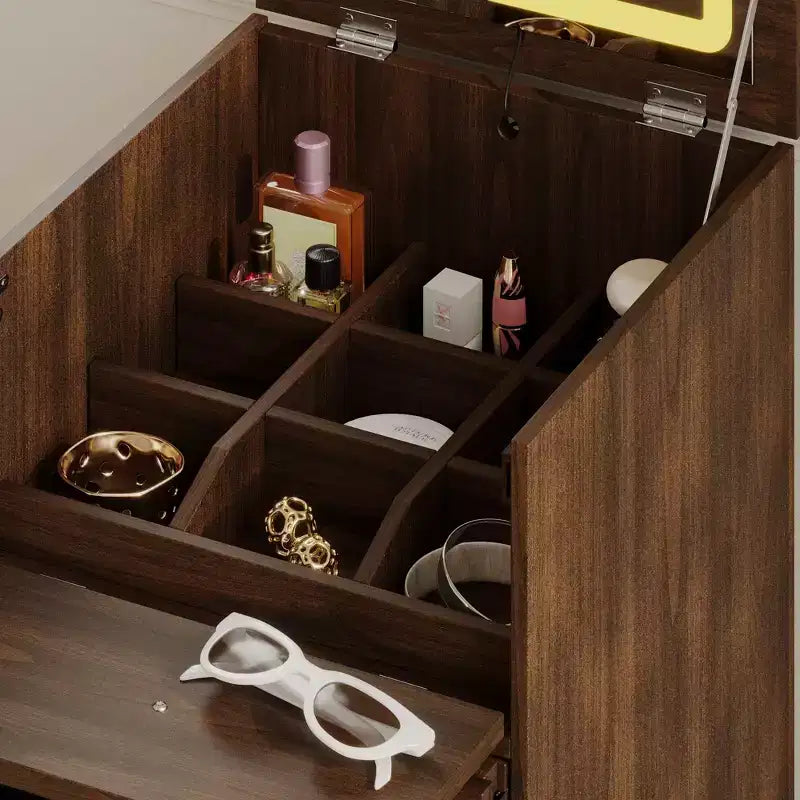 Walnut Rolling Vanity Dresser with LED Mirror and Multi-Layer Storage