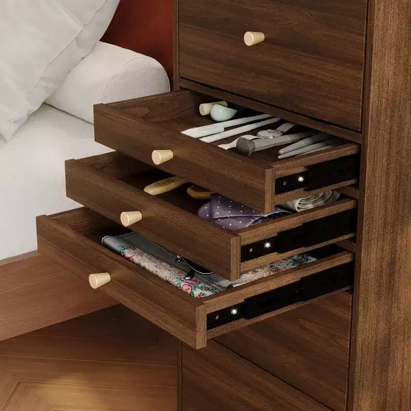 Walnut Rolling Vanity Dresser with LED Mirror and Multi-Layer Storage