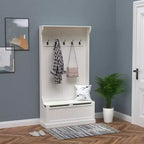38-Inch Entryway Hall Tree with 5 Metal Hooks, Shoe Storage Cabinet and Top Door, Freestanding Coat Rack, Cream