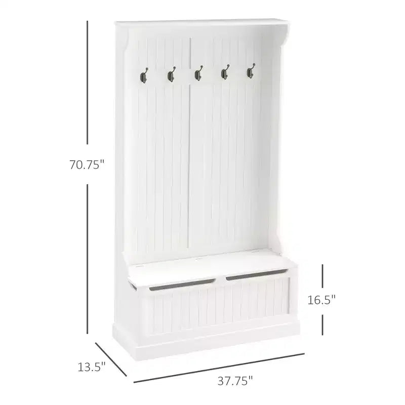 38-Inch Entryway Hall Tree with 5 Metal Hooks, Shoe Storage Cabinet and Top Door, Freestanding Coat Rack, Cream