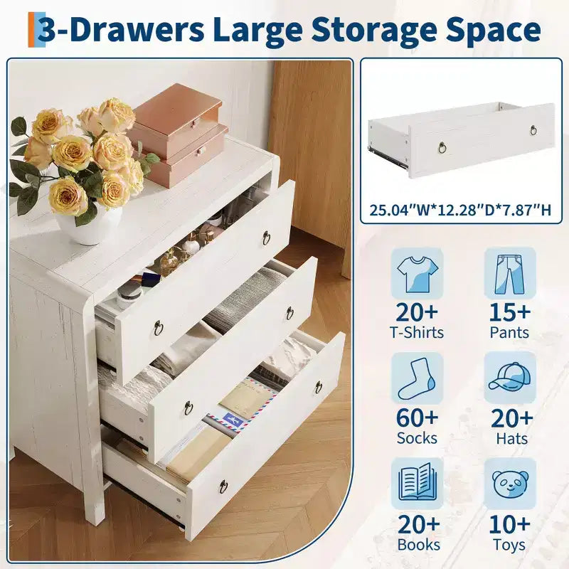 3-Drawer Dresser with Storage – Wood Chest of Drawers for Bedroom, Living Room, or Hallway