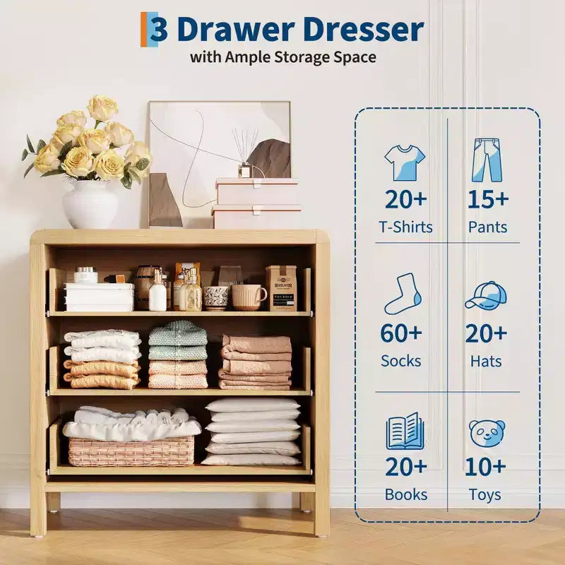 3-Drawer Dresser with Storage – Wood Chest of Drawers for Bedroom, Living Room, or Hallway