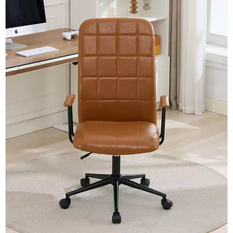 Antique PU Leather Office Chair with High Backrest and Wheels, Ergonomic Swivel Task Chair for Home Office and Living Room