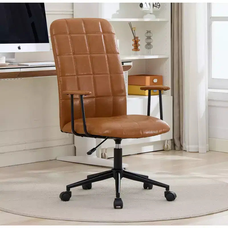 Antique PU Leather Office Chair with High Backrest and Wheels, Ergonomic Swivel Task Chair for Home Office and Living Room