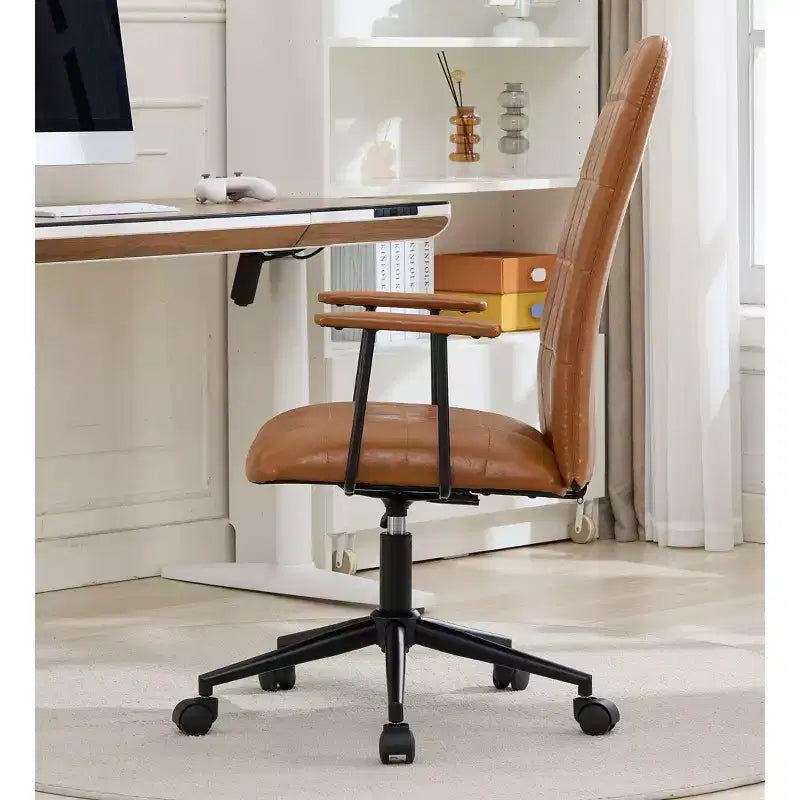 Antique PU Leather Office Chair with High Backrest and Wheels, Ergonomic Swivel Task Chair for Home Office and Living Room