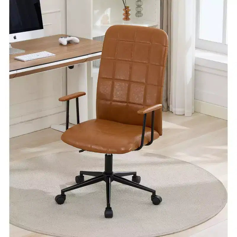 Antique PU Leather Office Chair with High Backrest and Wheels, Ergonomic Swivel Task Chair for Home Office and Living Room