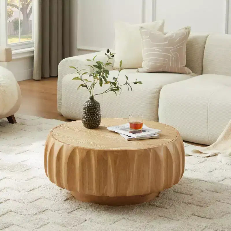 31.5" Round Wood Coffee Table, Mid-Century Modern Fluted Base, Living Room Center Table