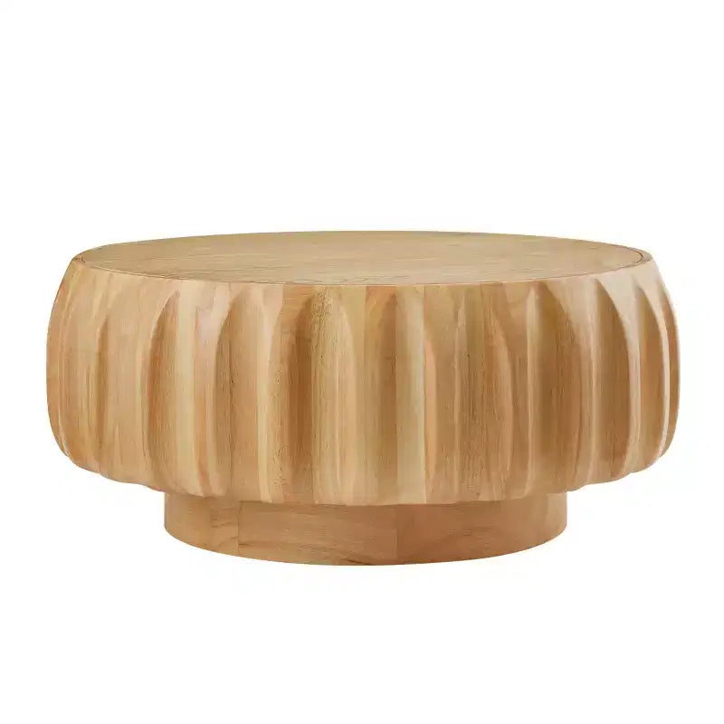 31.5" Round Wood Coffee Table, Mid-Century Modern Fluted Base, Living Room Center Table