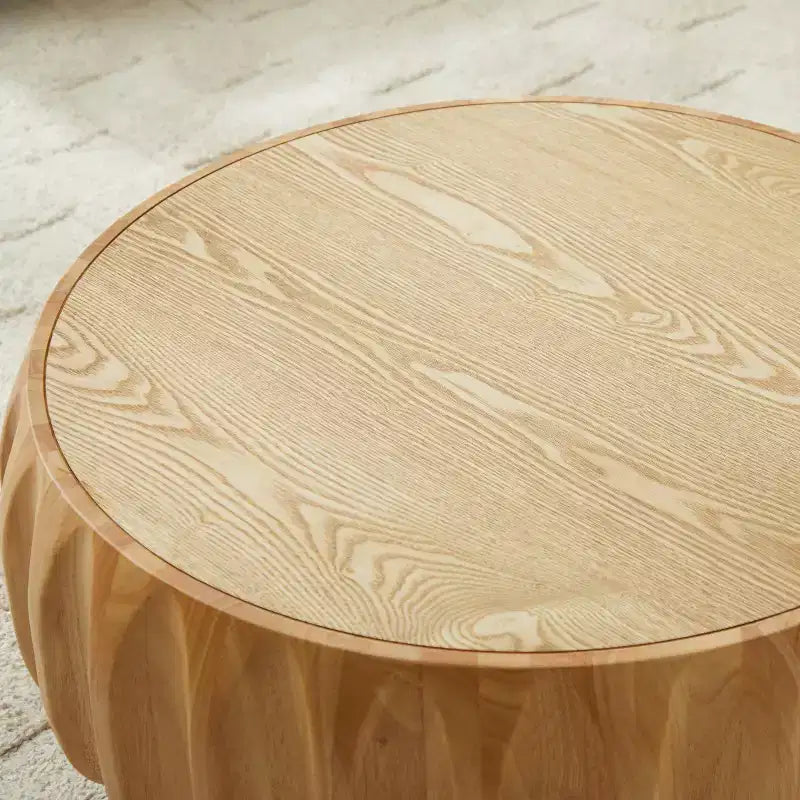 31.5" Round Wood Coffee Table, Mid-Century Modern Fluted Base, Living Room Center Table
