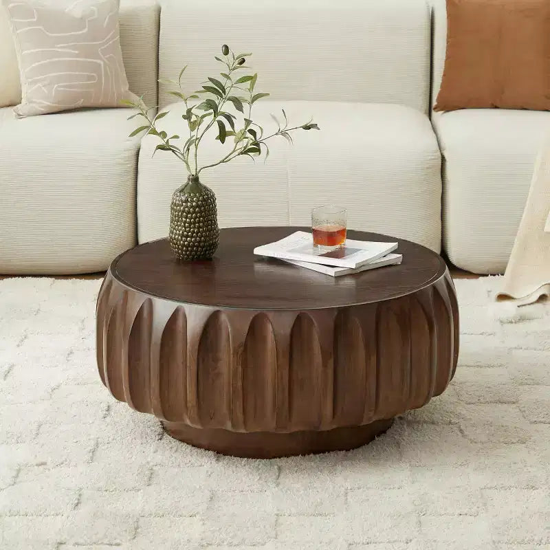 31.5" Round Wood Coffee Table, Mid-Century Modern Fluted Base, Living Room Center Table