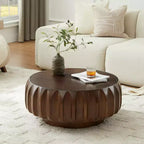 31.5" Round Wood Coffee Table, Mid-Century Modern Fluted Base, Living Room Center Table