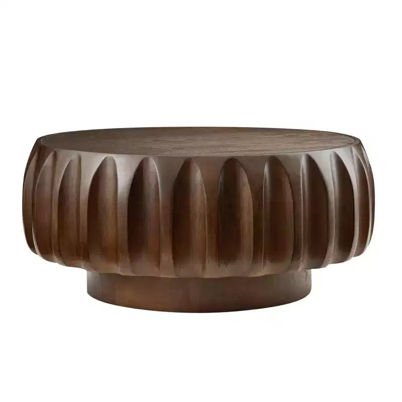 31.5" Round Wood Coffee Table, Mid-Century Modern Fluted Base, Living Room Center Table