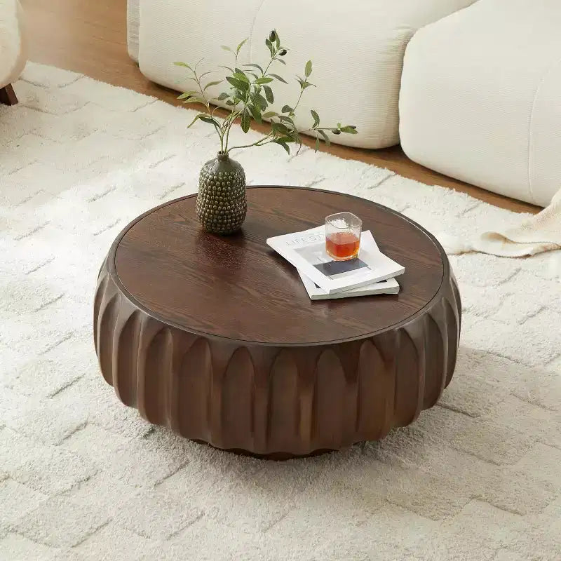 31.5" Round Wood Coffee Table, Mid-Century Modern Fluted Base, Living Room Center Table