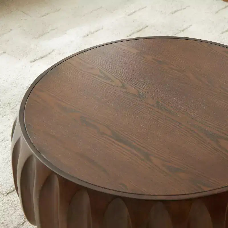 31.5" Round Wood Coffee Table, Mid-Century Modern Fluted Base, Living Room Center Table