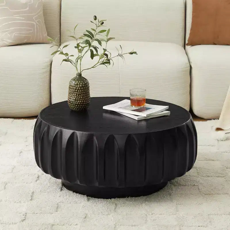 31.5" Round Wood Coffee Table, Mid-Century Modern Fluted Base, Living Room Center Table