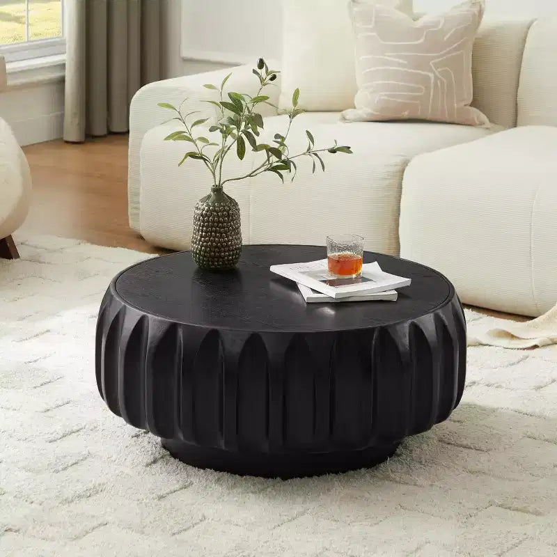 31.5" Round Wood Coffee Table, Mid-Century Modern Fluted Base, Living Room Center Table