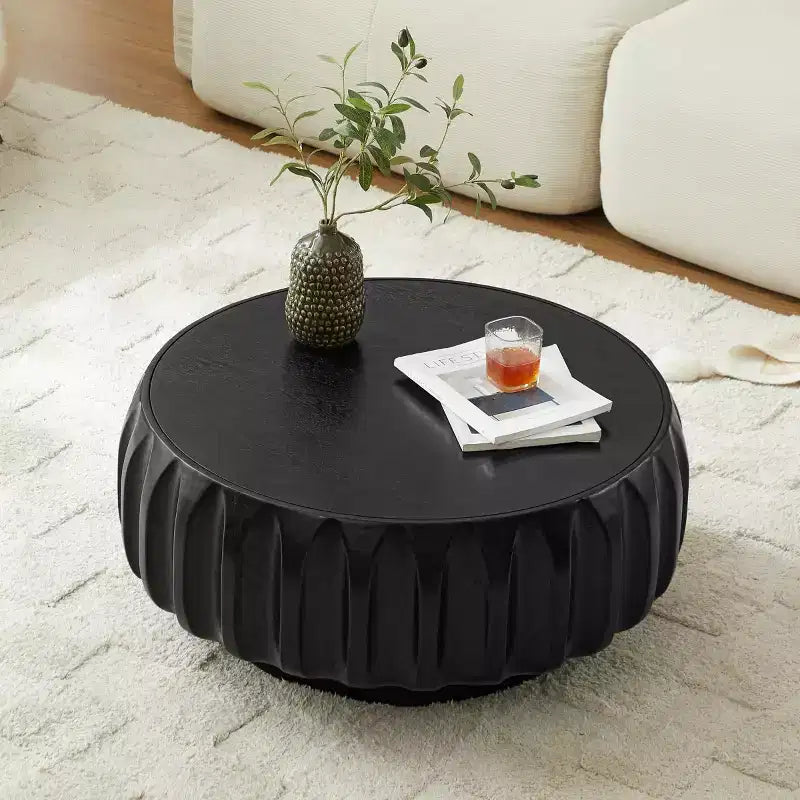 31.5" Round Wood Coffee Table, Mid-Century Modern Fluted Base, Living Room Center Table