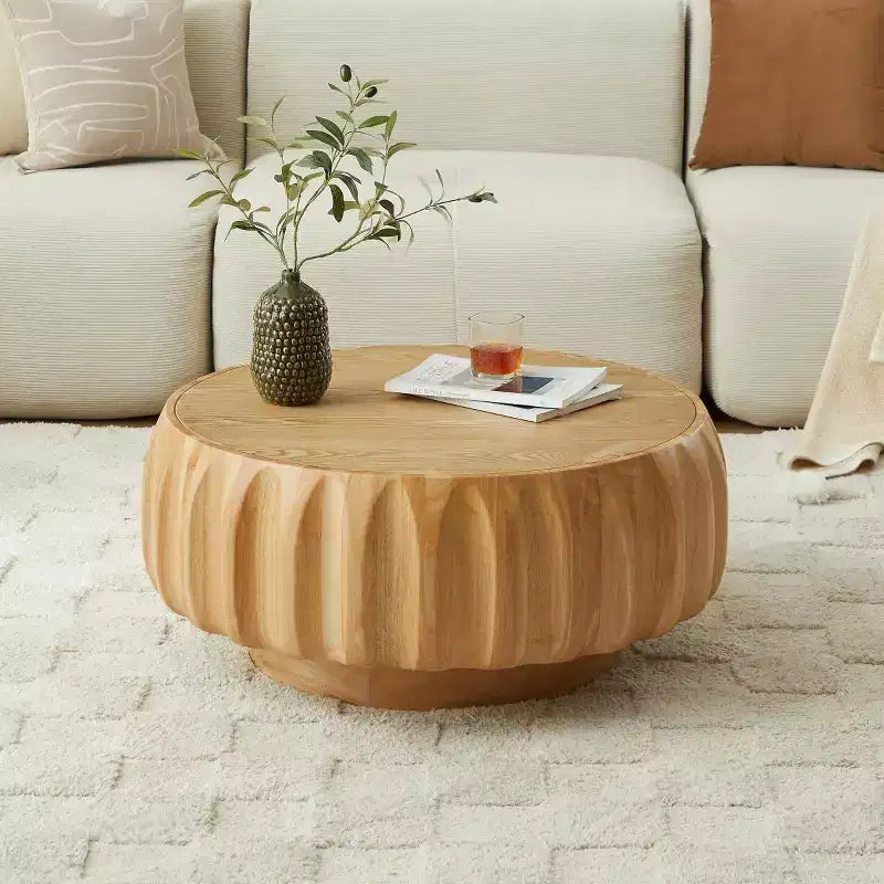 31.5" Round Wood Coffee Table, Mid-Century Modern Fluted Base, Living Room Center Table