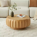 31.5" Round Wood Coffee Table, Mid-Century Modern Fluted Base, Living Room Center Table