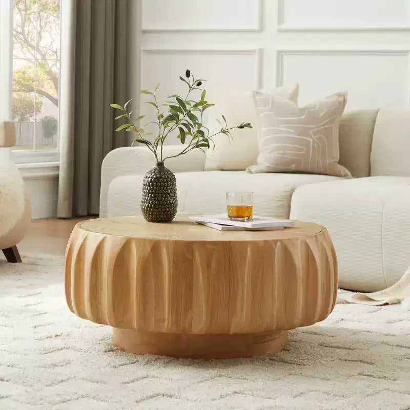 31.5" Round Wood Coffee Table, Mid-Century Modern Fluted Base, Living Room Center Table
