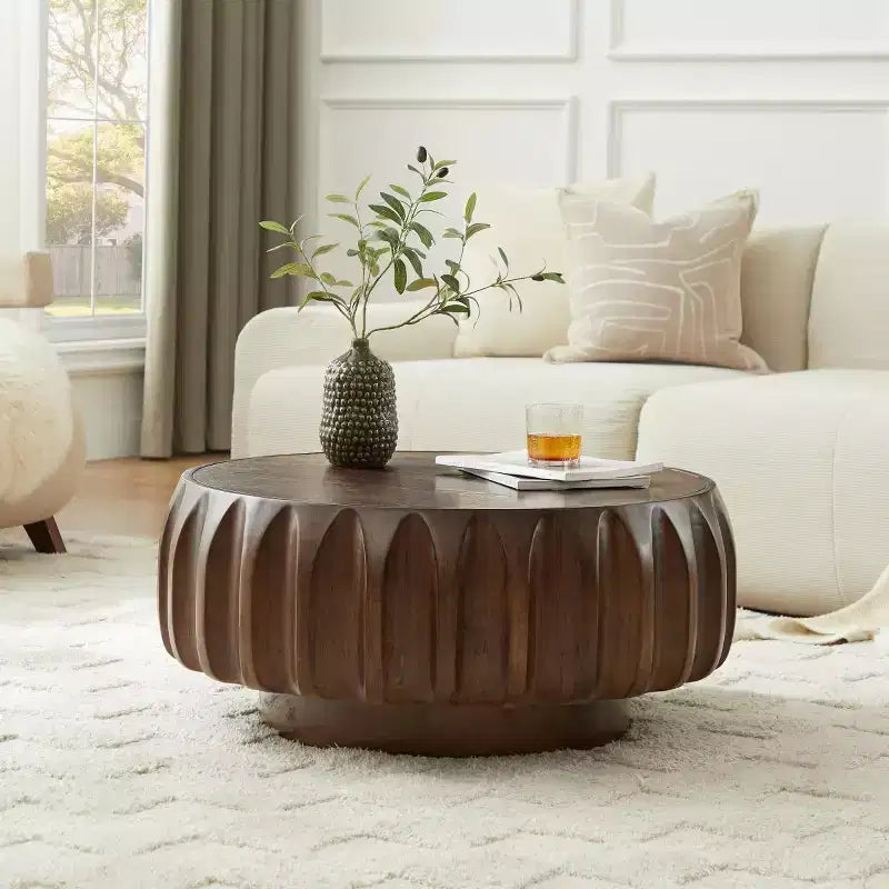 31.5" Round Wood Coffee Table, Mid-Century Modern Fluted Base, Living Room Center Table