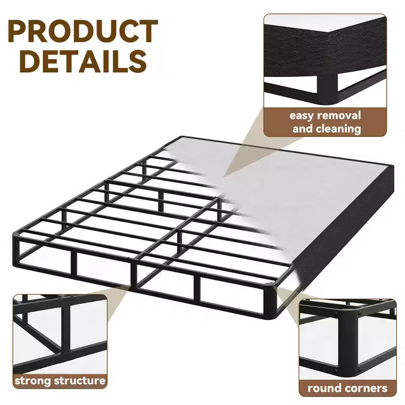 5/9 Inch Queen Metal Box Spring with Round Corners - Heavy Duty Mattress Foundation with Steel Slats, Noise-Free, Easy Assembly, Black