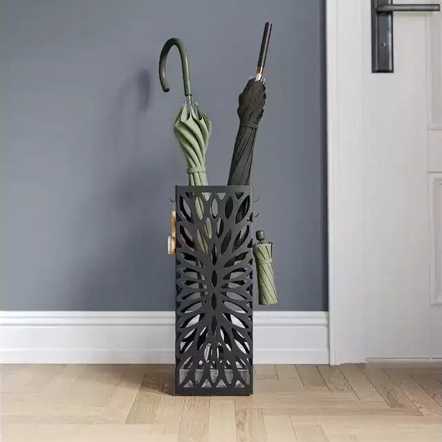 Steel Umbrella Stand with Drip Tray, Freestanding Umbrella Holder with 4 Hooks for Entryway, Organizer for Canes Walking Sticks, Black