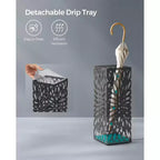 Steel Umbrella Stand with Drip Tray and 4 Hooks, Black