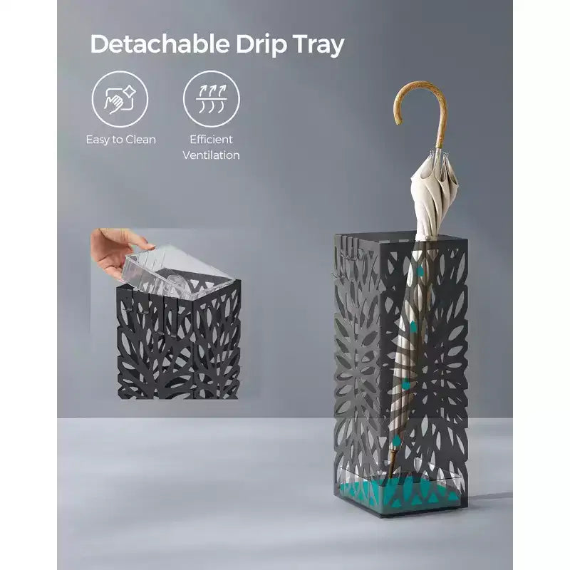 Steel Umbrella Stand with Drip Tray and 4 Hooks, Black