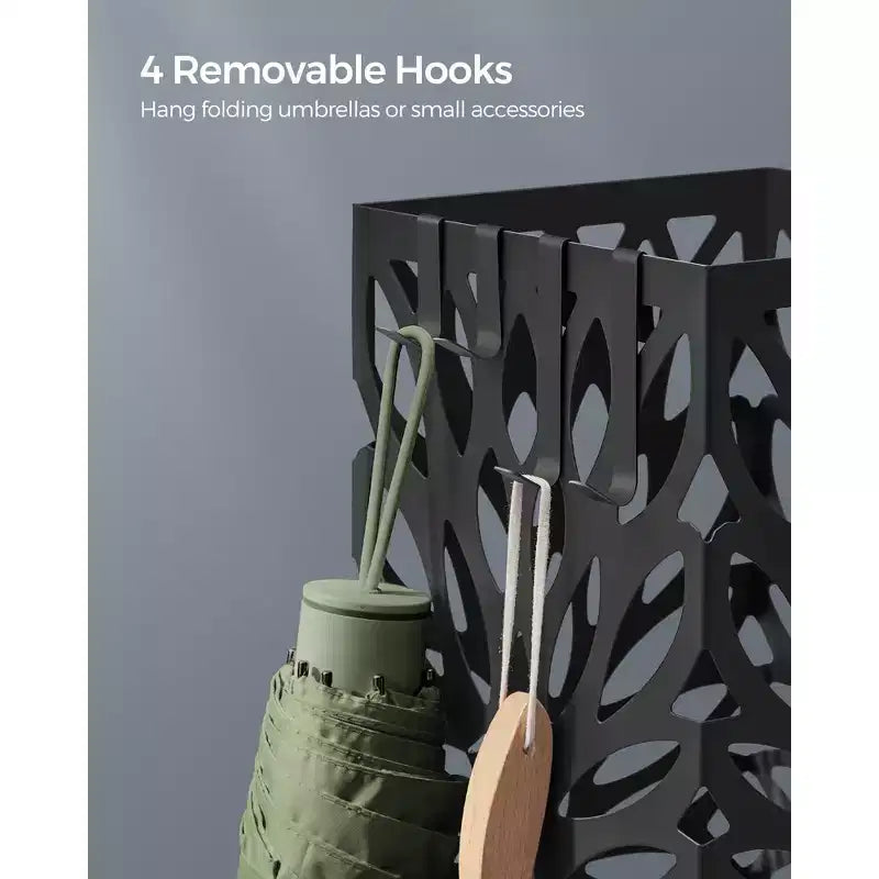 Steel Umbrella Stand with Drip Tray and 4 Hooks, Black