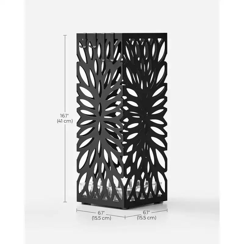 Steel Umbrella Stand with Drip Tray and 4 Hooks, Black