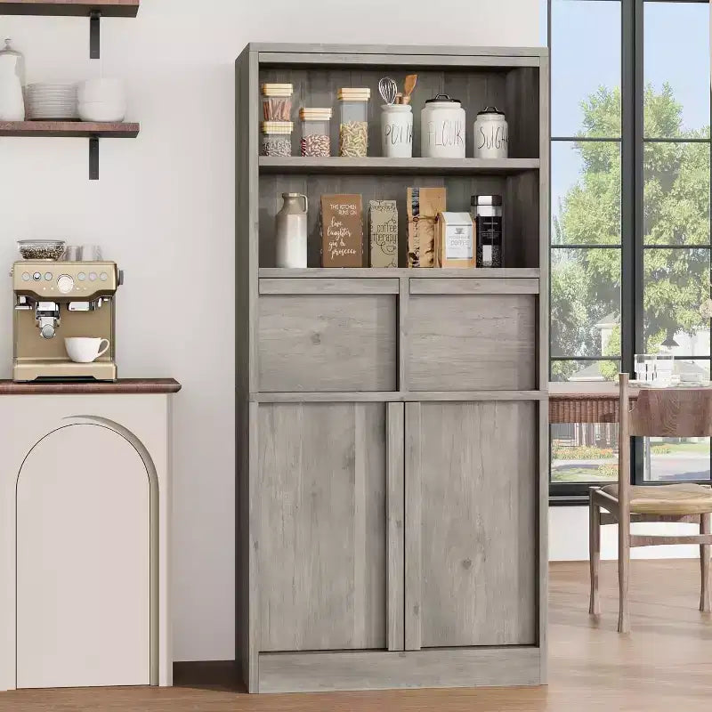 Tall Storage Cabinet with Open Shelves, Drawers and Enclosed Cabinet
