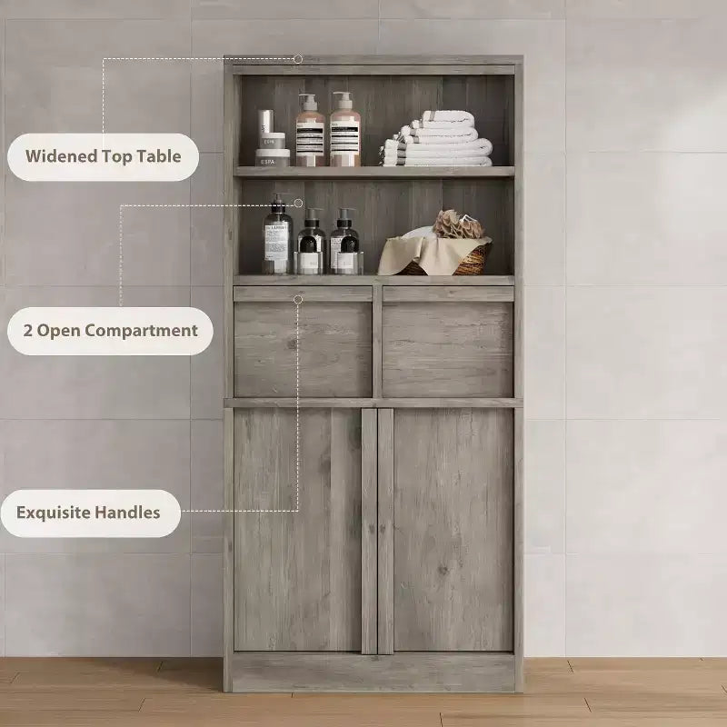 Tall Storage Cabinet with Open Shelves, Drawers and Enclosed Cabinet