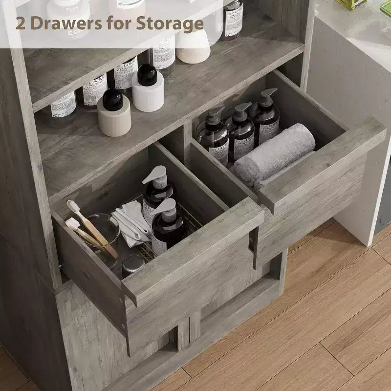 Tall Storage Cabinet with Open Shelves, Drawers and Enclosed Cabinet