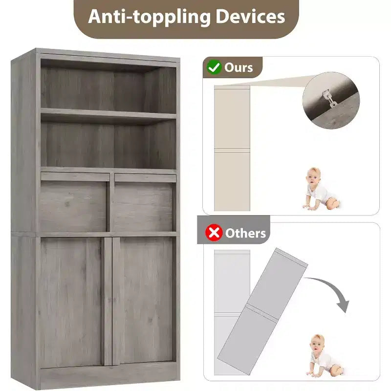 Tall Storage Cabinet with Open Shelves, Drawers and Enclosed Cabinet