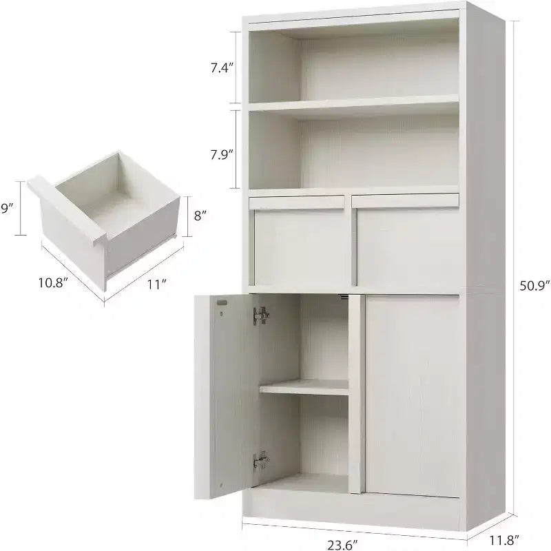 Tall Storage Cabinet with Open Shelves, Drawers and Enclosed Cabinet