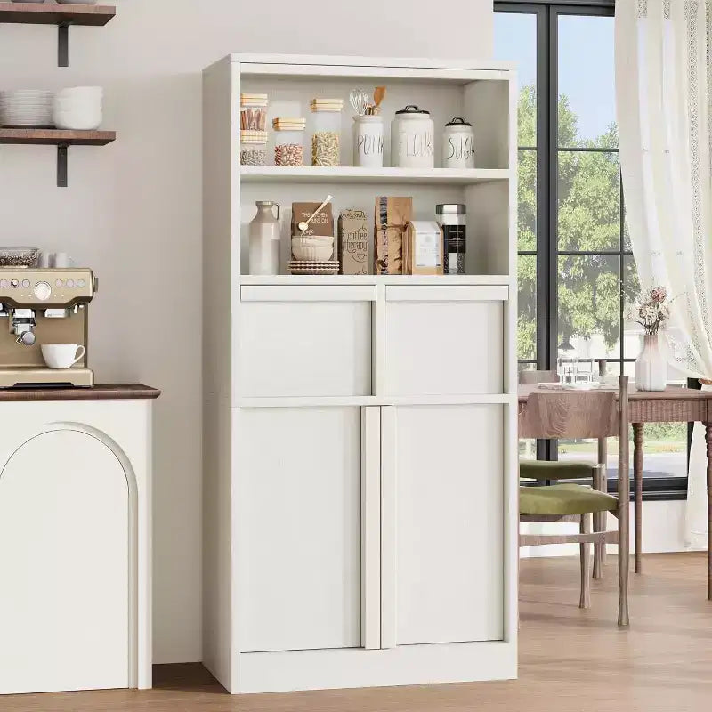 Tall Storage Cabinet with Open Shelves, Drawers and Enclosed Cabinet
