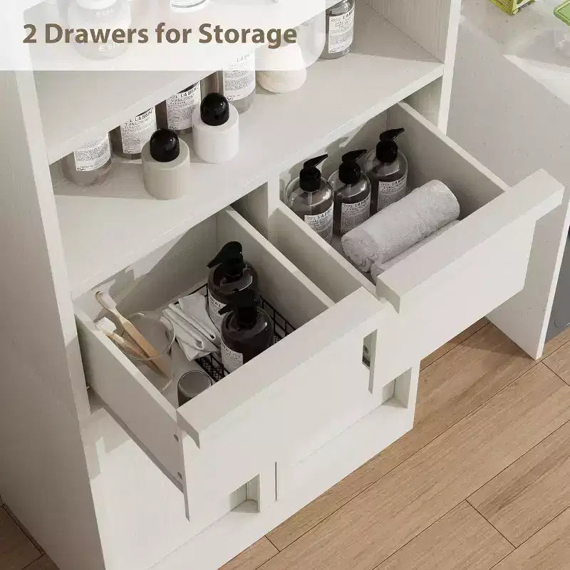 Tall Storage Cabinet with Open Shelves, Drawers and Enclosed Cabinet