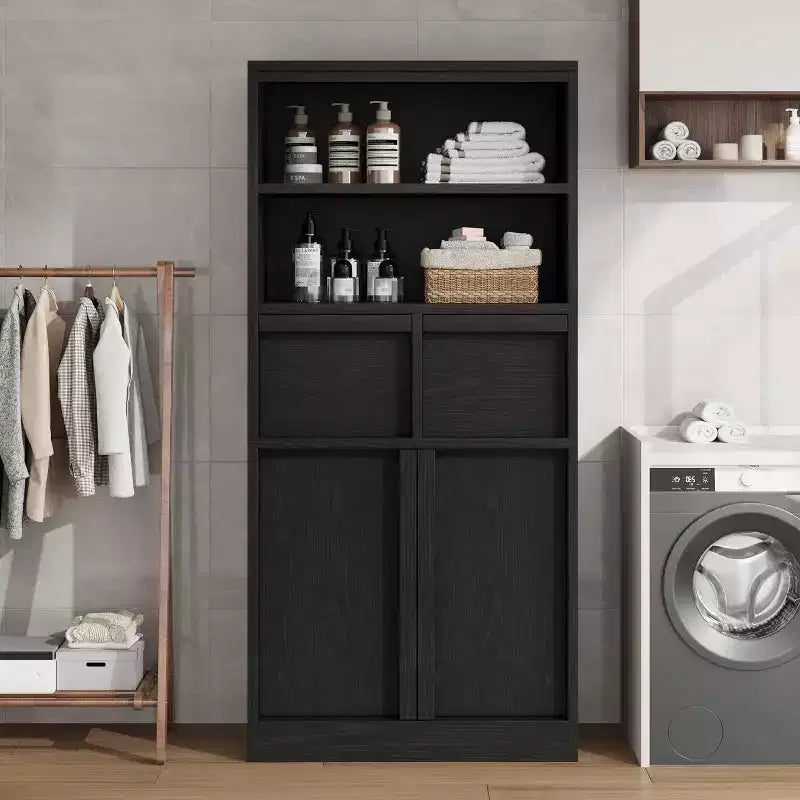 Tall Storage Cabinet with Open Shelves, Drawers and Enclosed Cabinet