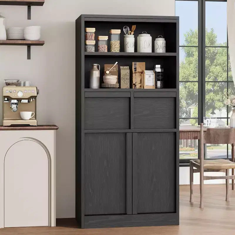 Tall Storage Cabinet with Open Shelves, Drawers and Enclosed Cabinet