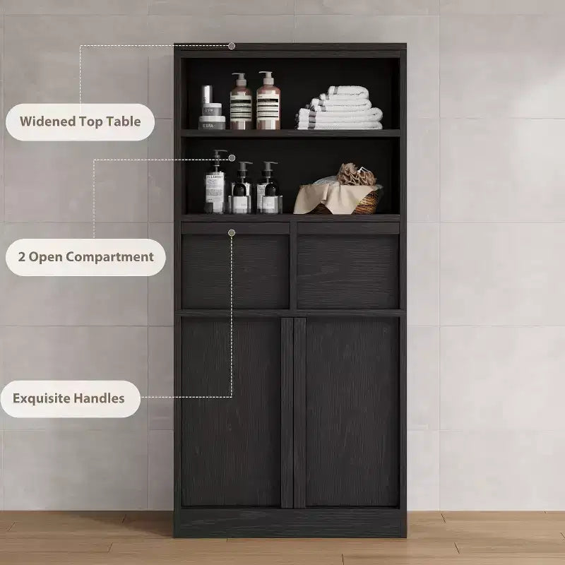 Tall Storage Cabinet with Open Shelves, Drawers and Enclosed Cabinet