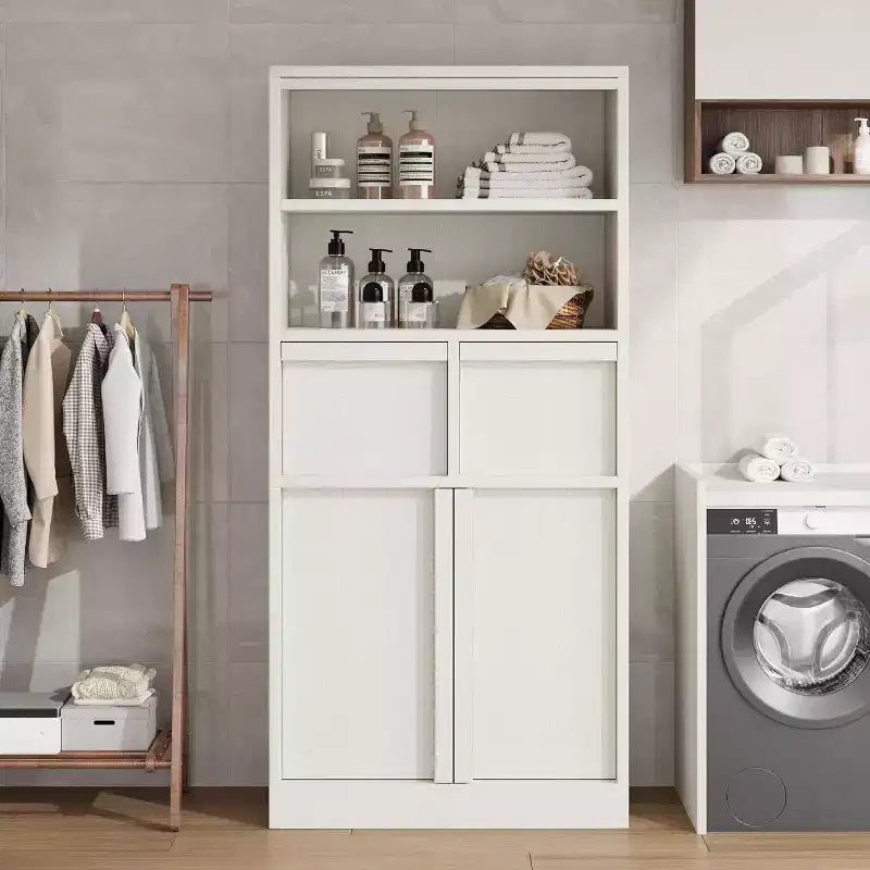 Tall Storage Cabinet with Open Shelves, Drawers and Enclosed Cabinet