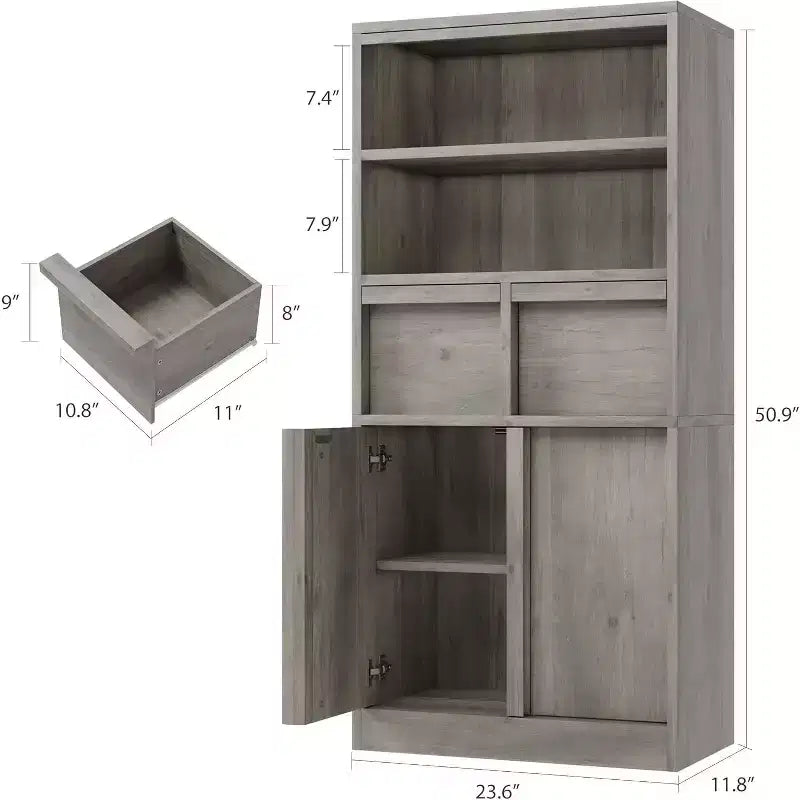 Tall Storage Cabinet with Open Shelves, Drawers and Enclosed Cabinet